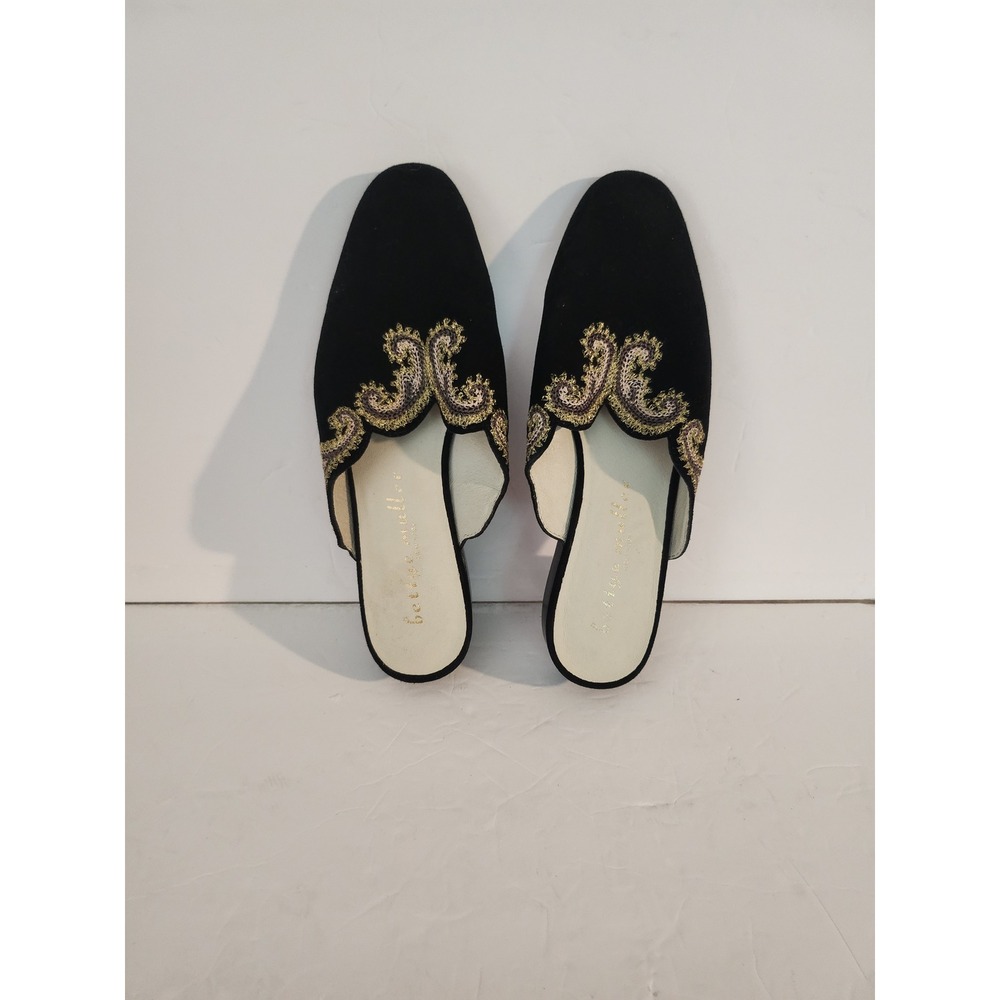 Bettye Muller Black Velvet Embroidered Mules Gold Silver Scroll Slides 7.5M